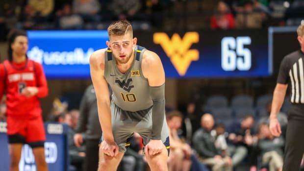 Dec 22, 2022; Morgantown, West Virginia, USA; West Virginia Mountaineers guard Erik Stevenson (10) pauses during the second half against the Stony Brook Seawolves at WVU Coliseum. Mandatory Credit: Ben Queen-USA TODAY Sports